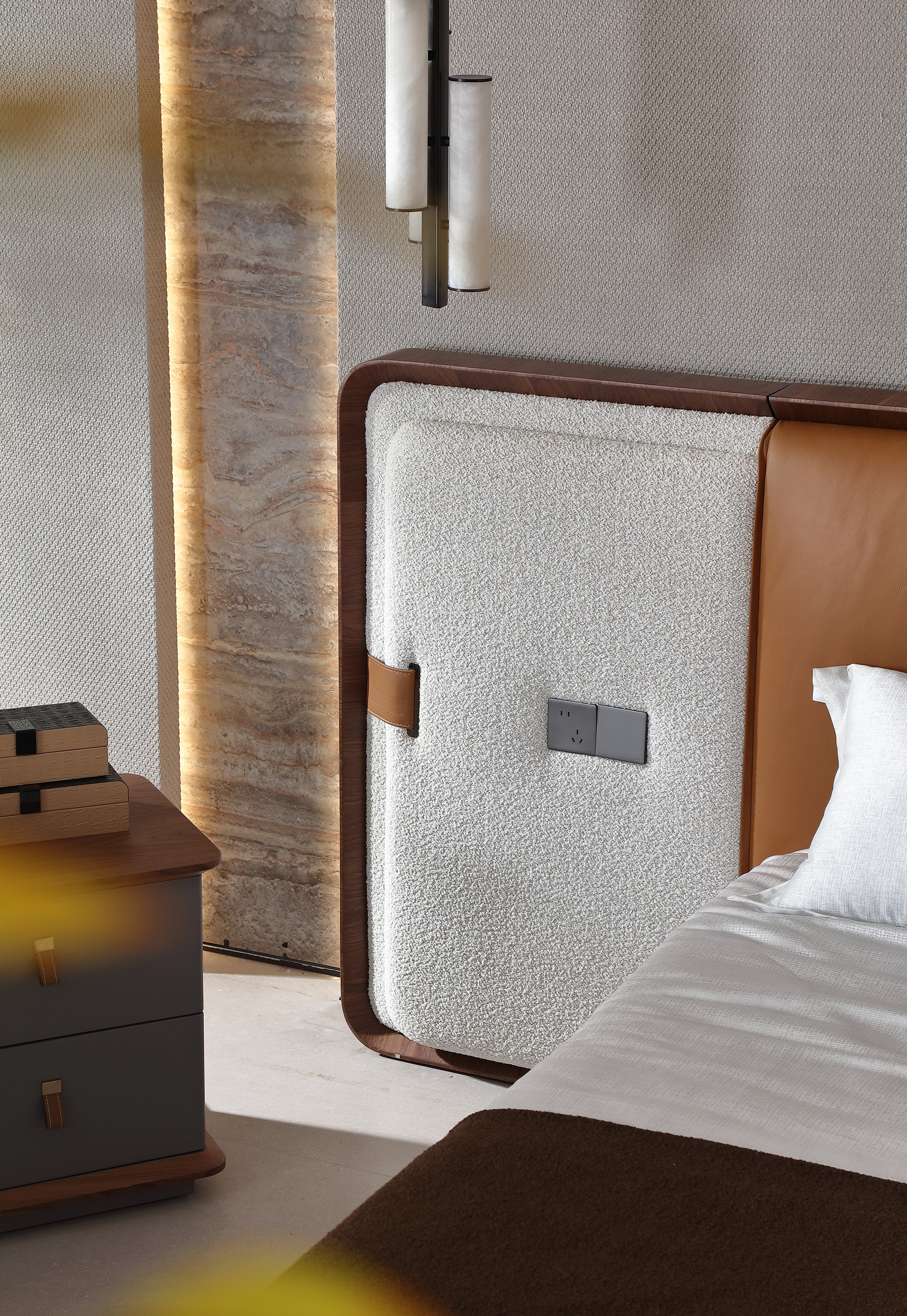 KALMIA Leather & Fabric Extended Headboard Bed