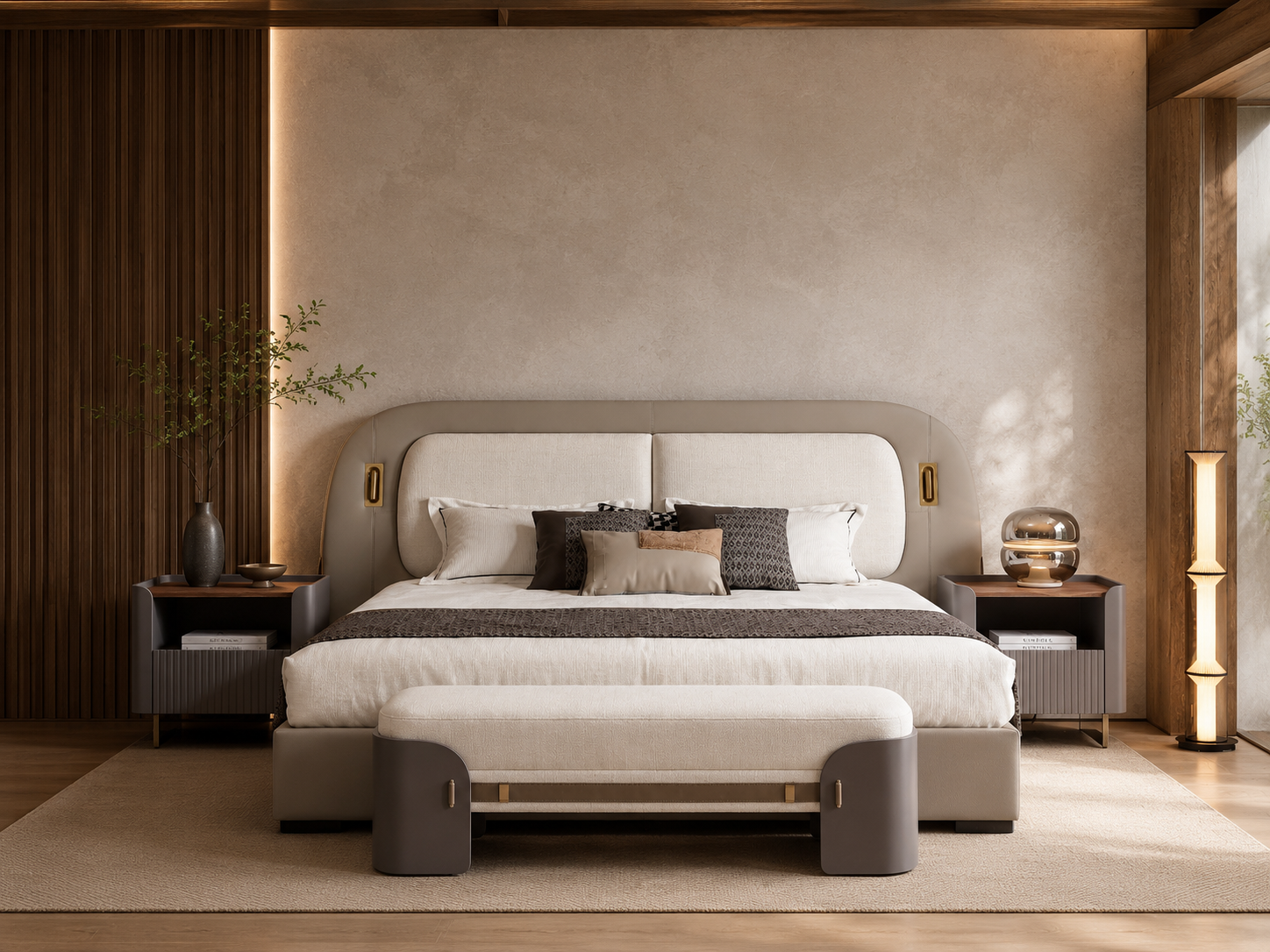 KALMIA Leather & Fabric Bed with Integrated Reading Lights