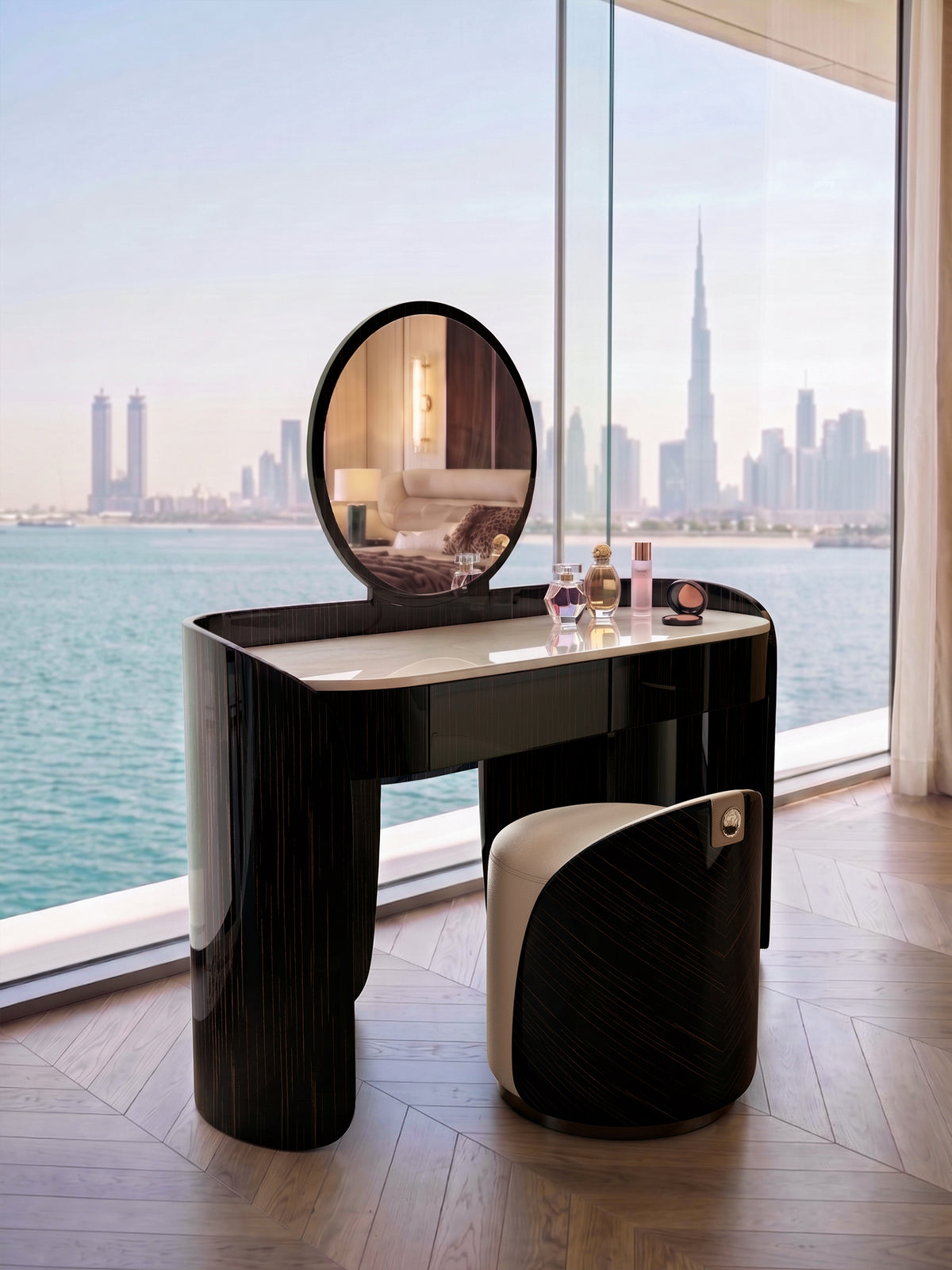 EBONY Vanity Table with Round Mirror