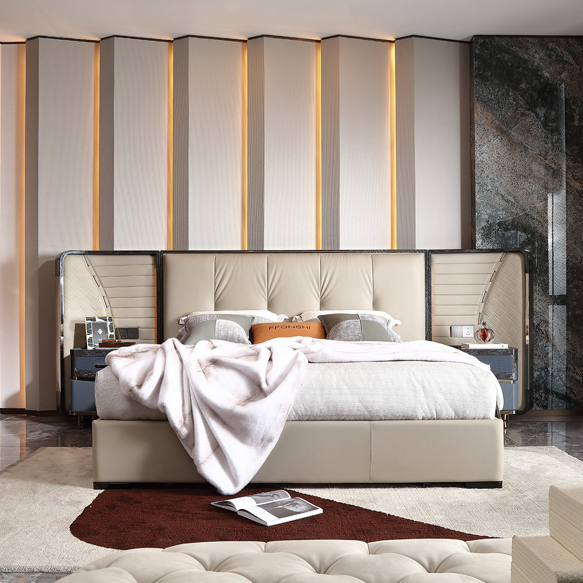 FFONCHI Integrated-Power Extended Headboard Bed