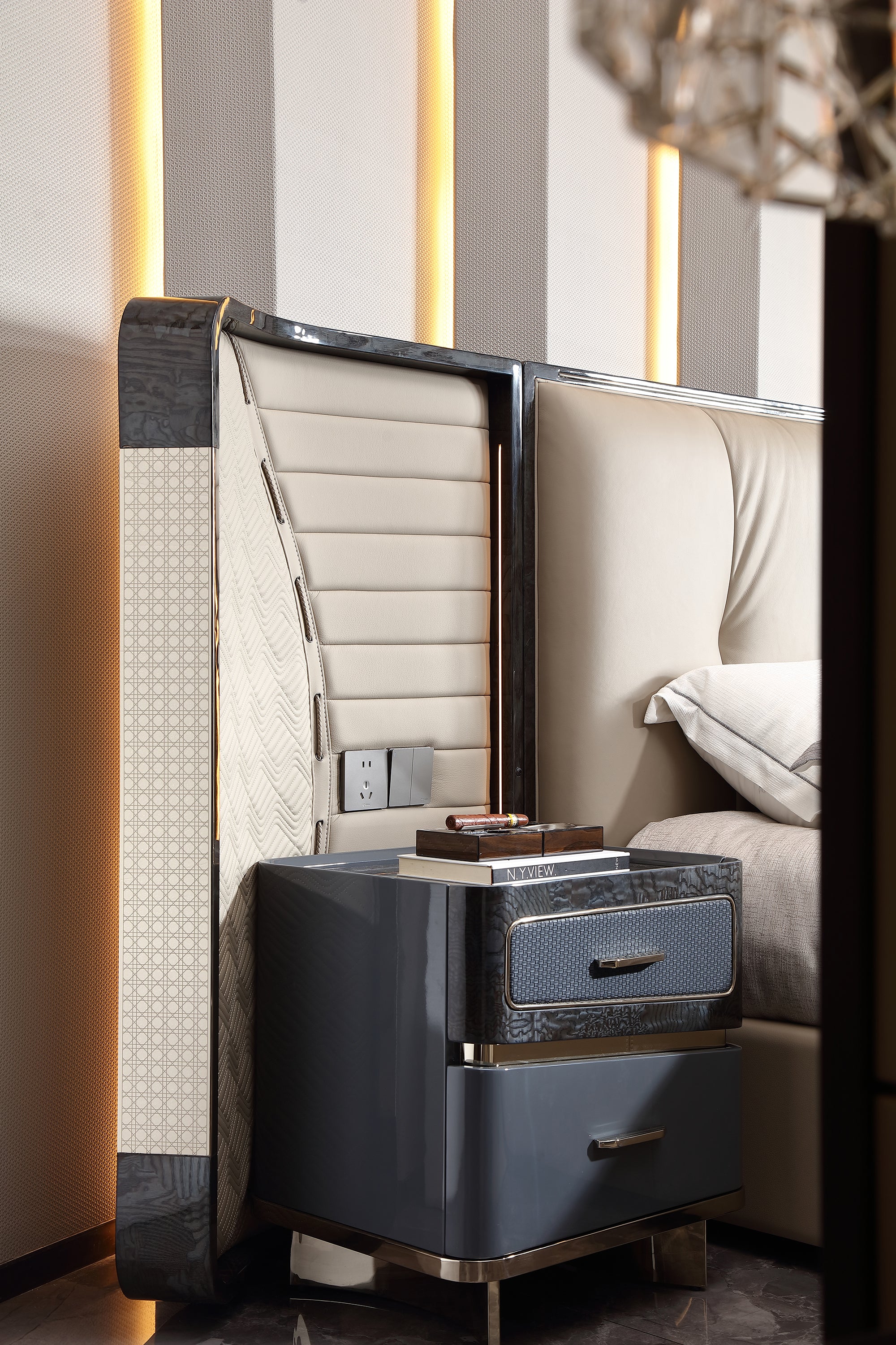 FFONCHI Integrated-Power Extended Headboard Bed