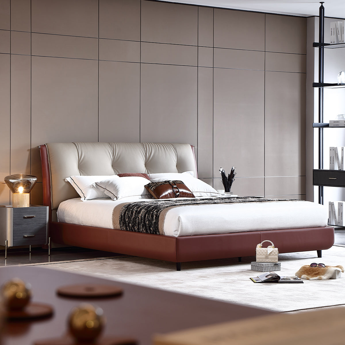 HOTTOP Tufted Leather Upholstered Bed