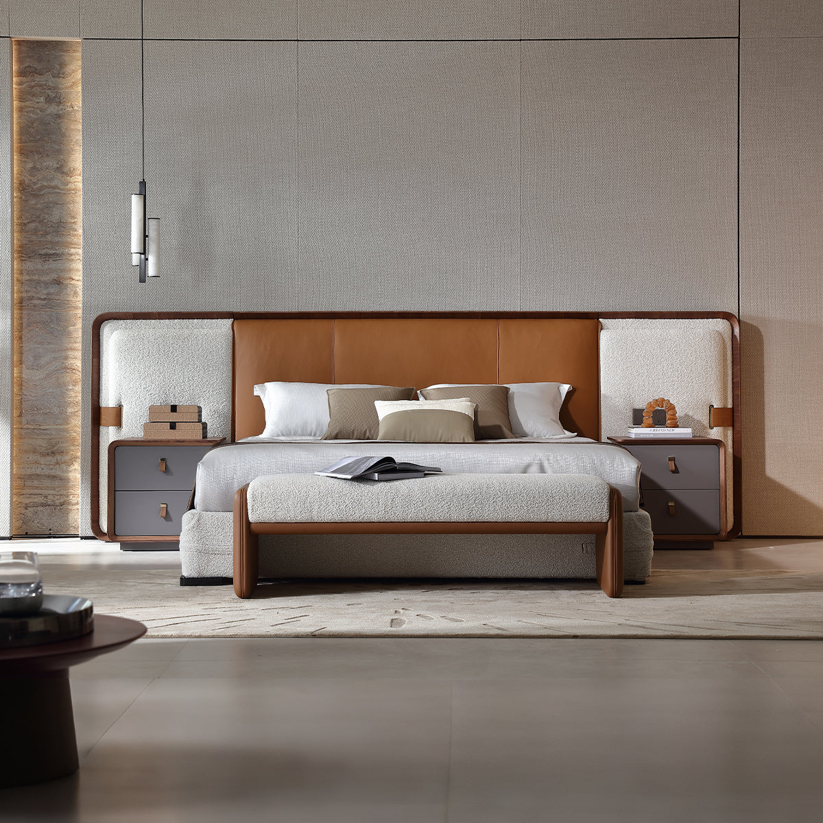 KALMIA Leather & Fabric Extended Headboard Bed