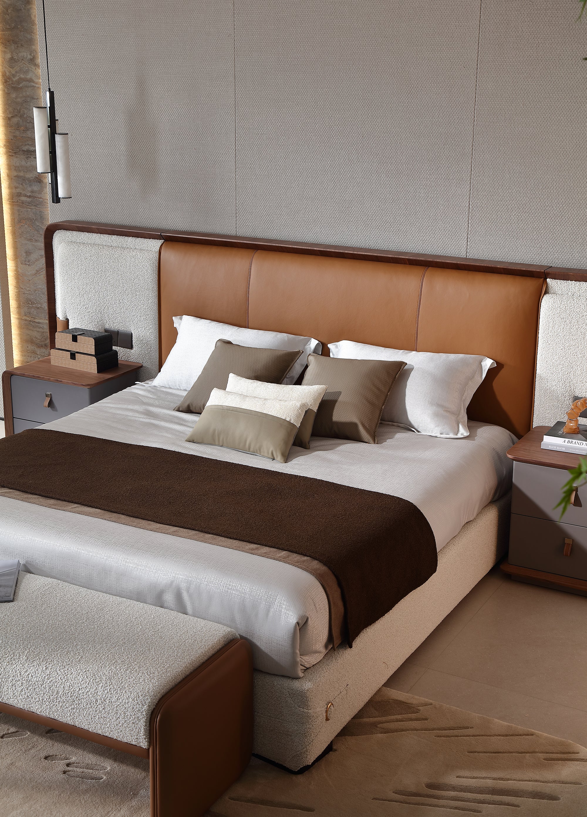 KALMIA Leather & Fabric Extended Headboard Bed