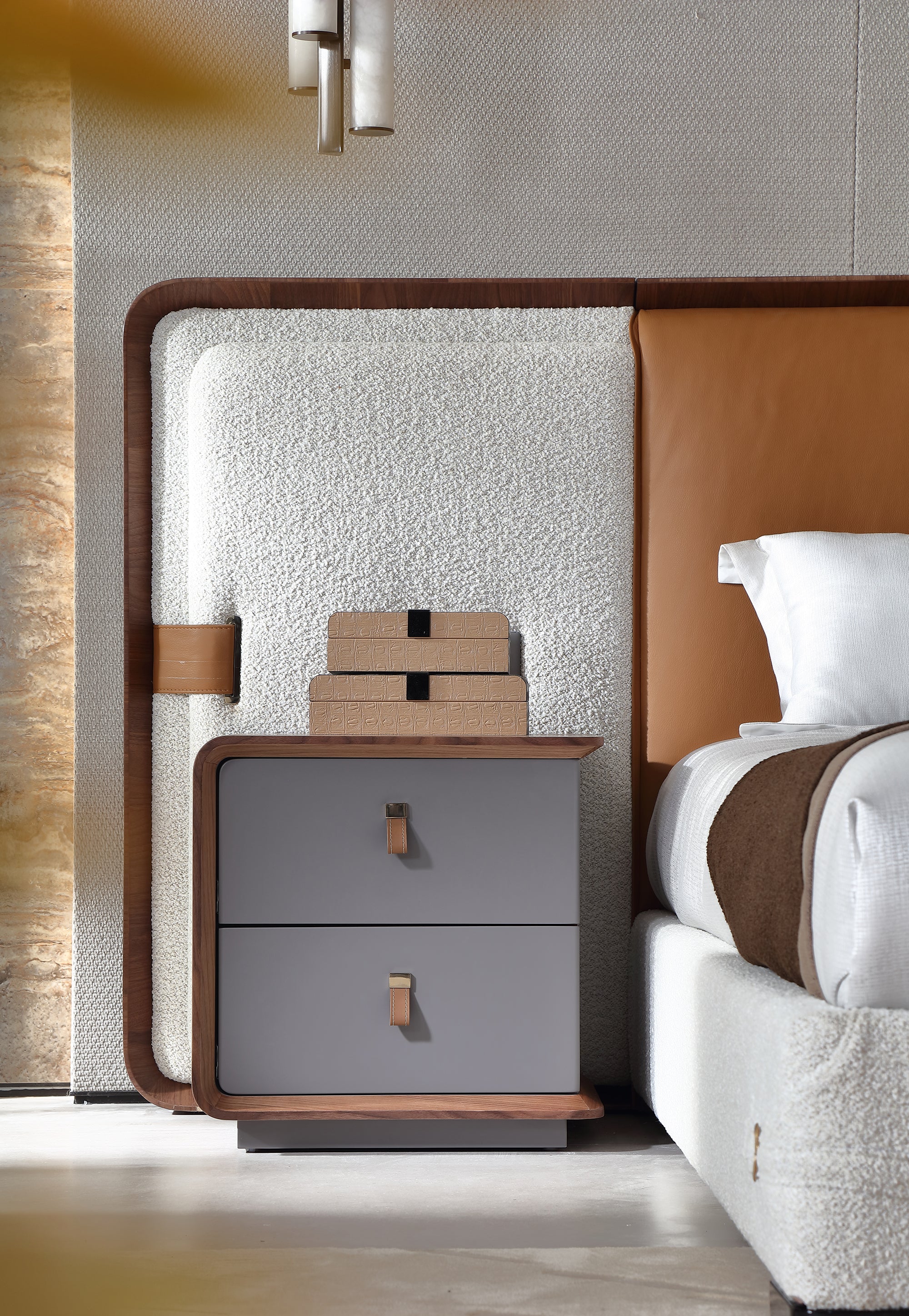 KALMIA Leather & Fabric Extended Headboard Bed