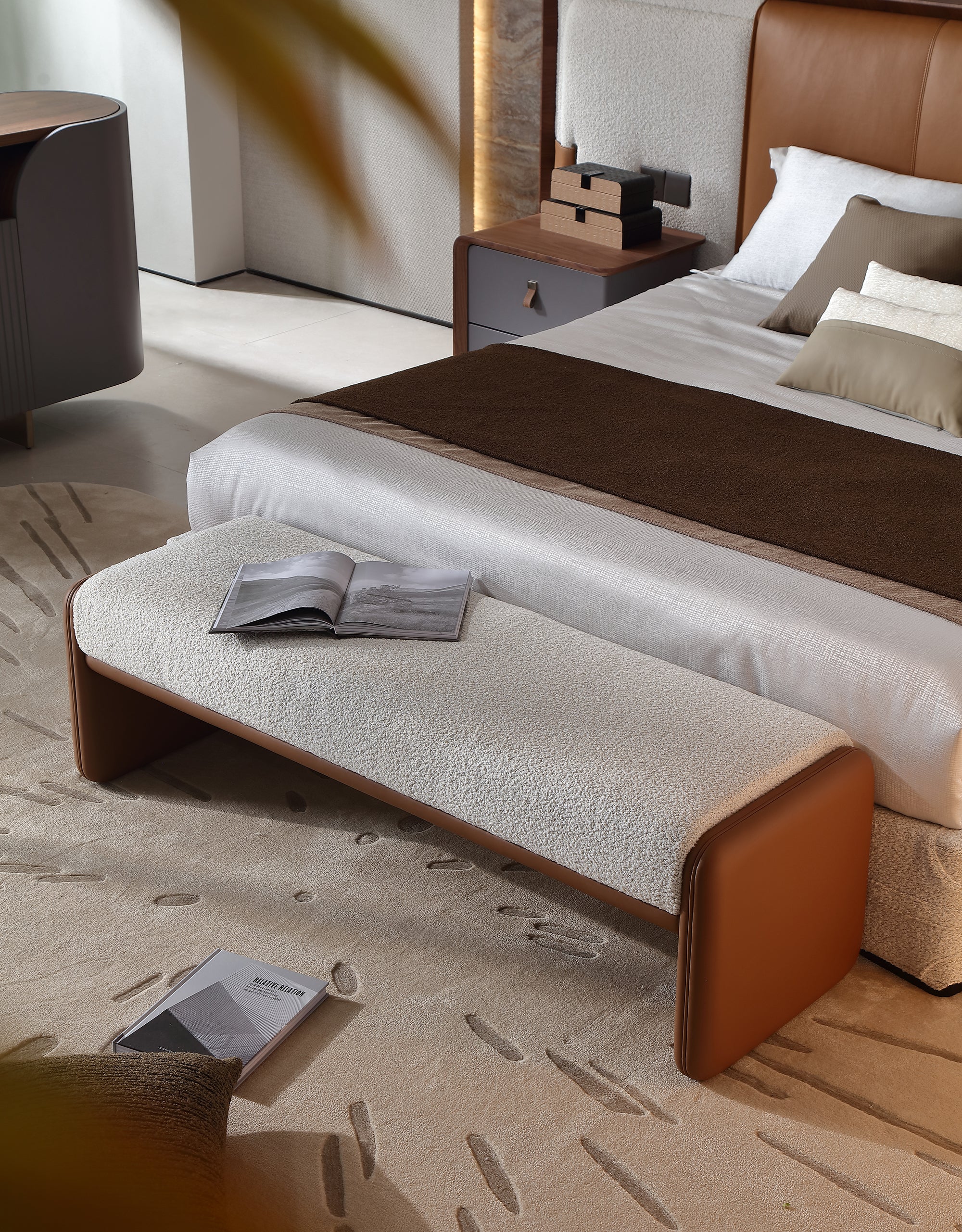 KALMIA Leather & Fabric Extended Headboard Bed