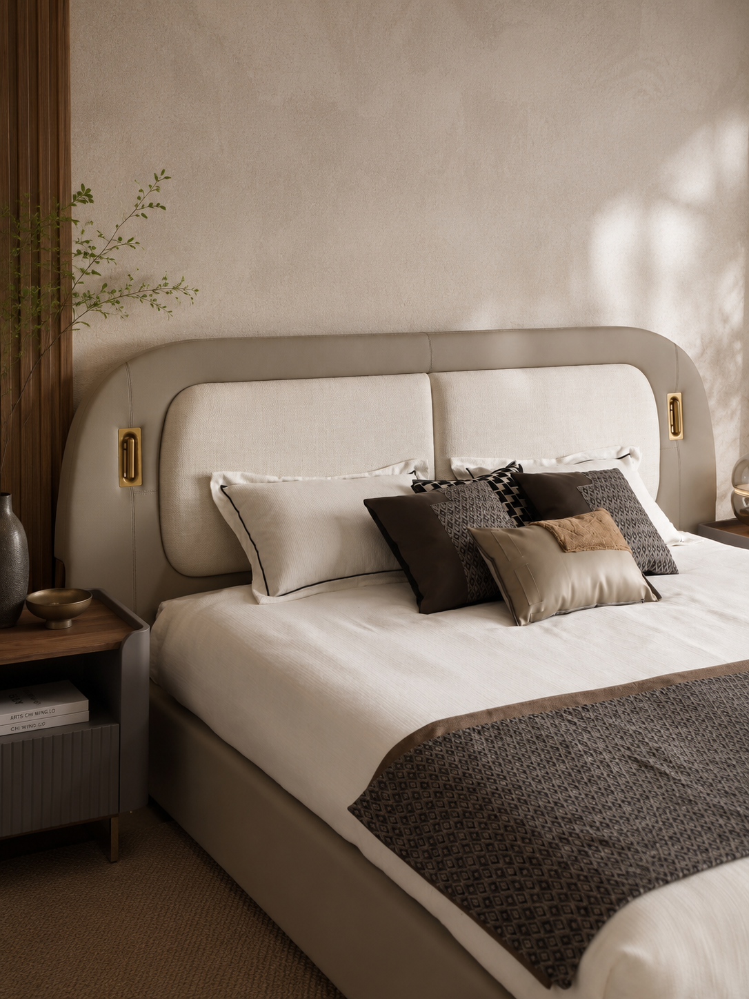 KALMIA Leather & Fabric Bed with Integrated Reading Lights