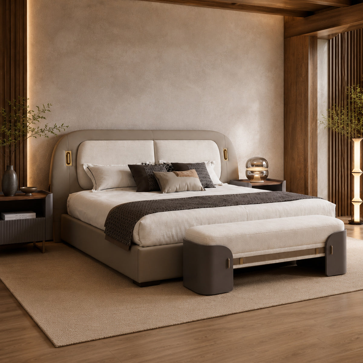 KALMIA Leather & Fabric Bed with Integrated Reading Lights