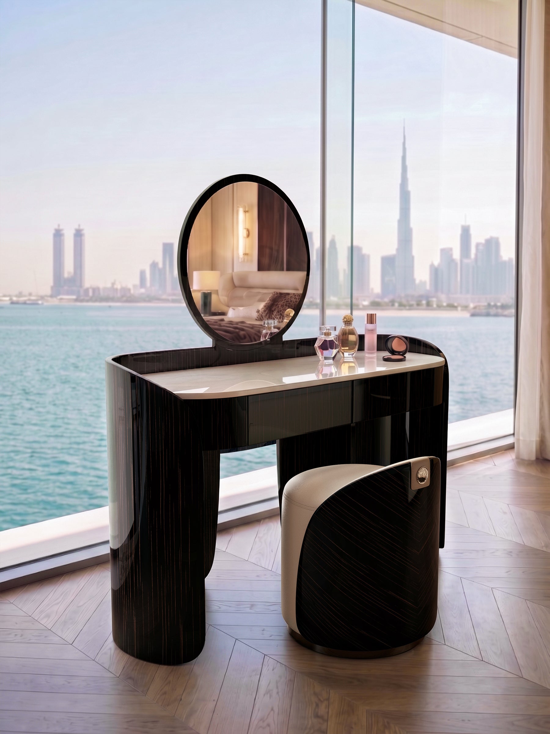 EBONY Vanity Table with Round Mirror